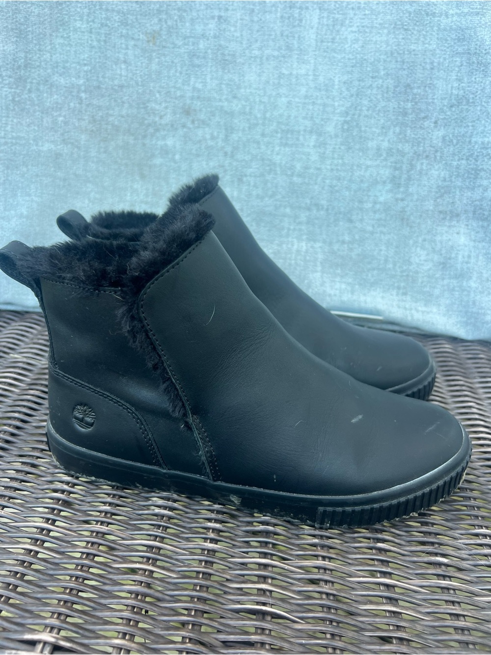Timberland Black Leather Fur-Trim Slip-On Ankle Boots